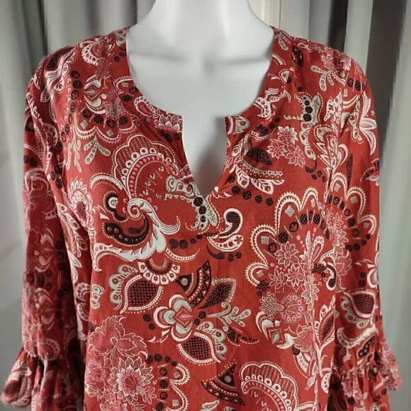 Ann Taylor Muted Red Clay Paisley Patterned Cotton Blend Bell Sleeve Top Size XL - Picture 2 of 12